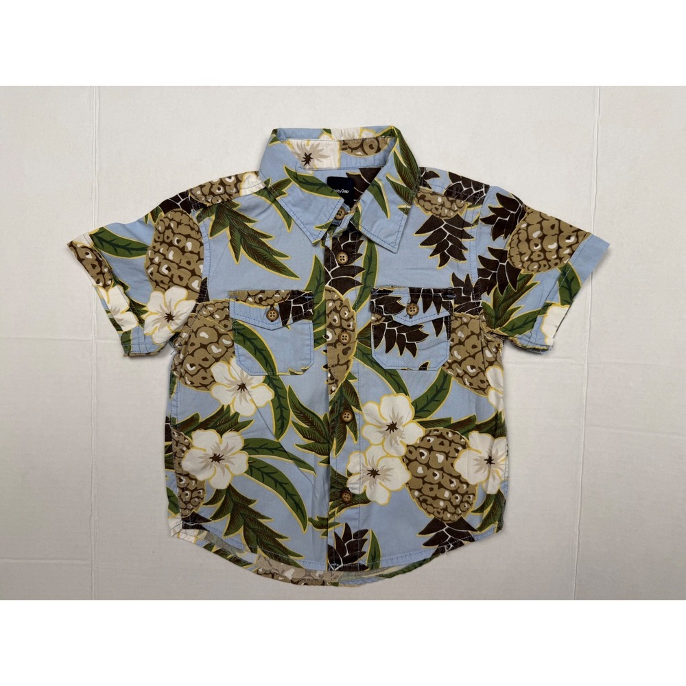 babyGap Shirt Tropical Pineapple Floral 2T Blue Aloha Hawaiian Button Down